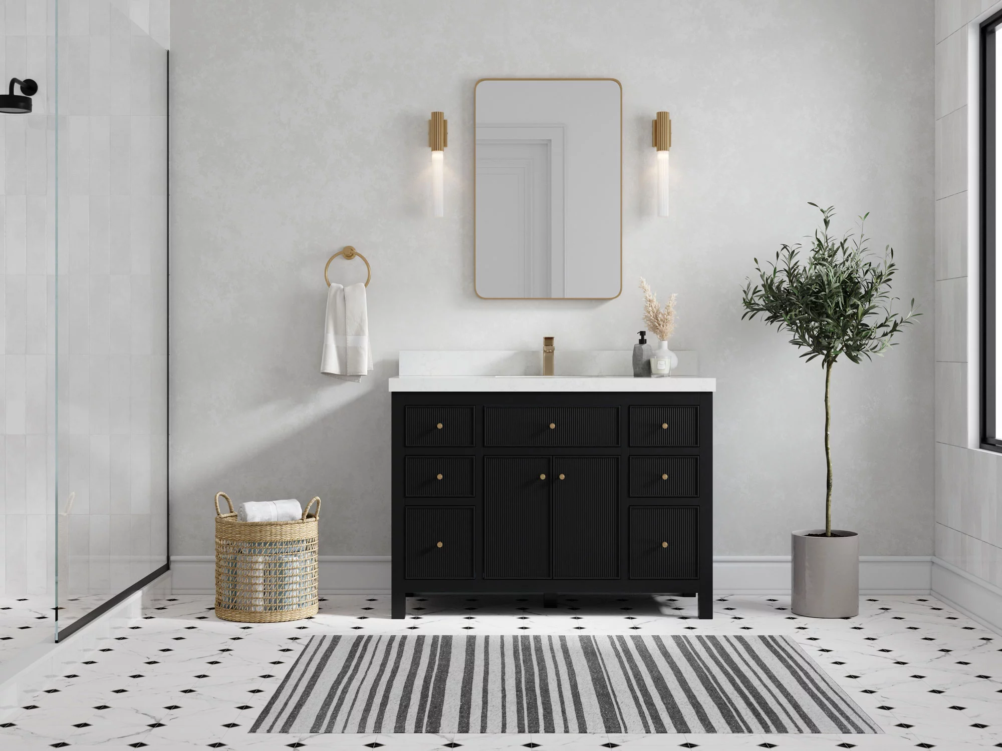 Sonoma 48 in W x 22 in D Free Standing Reeded Single Sink Bathroom Vanity in Black with Quartz or Marble Countertop