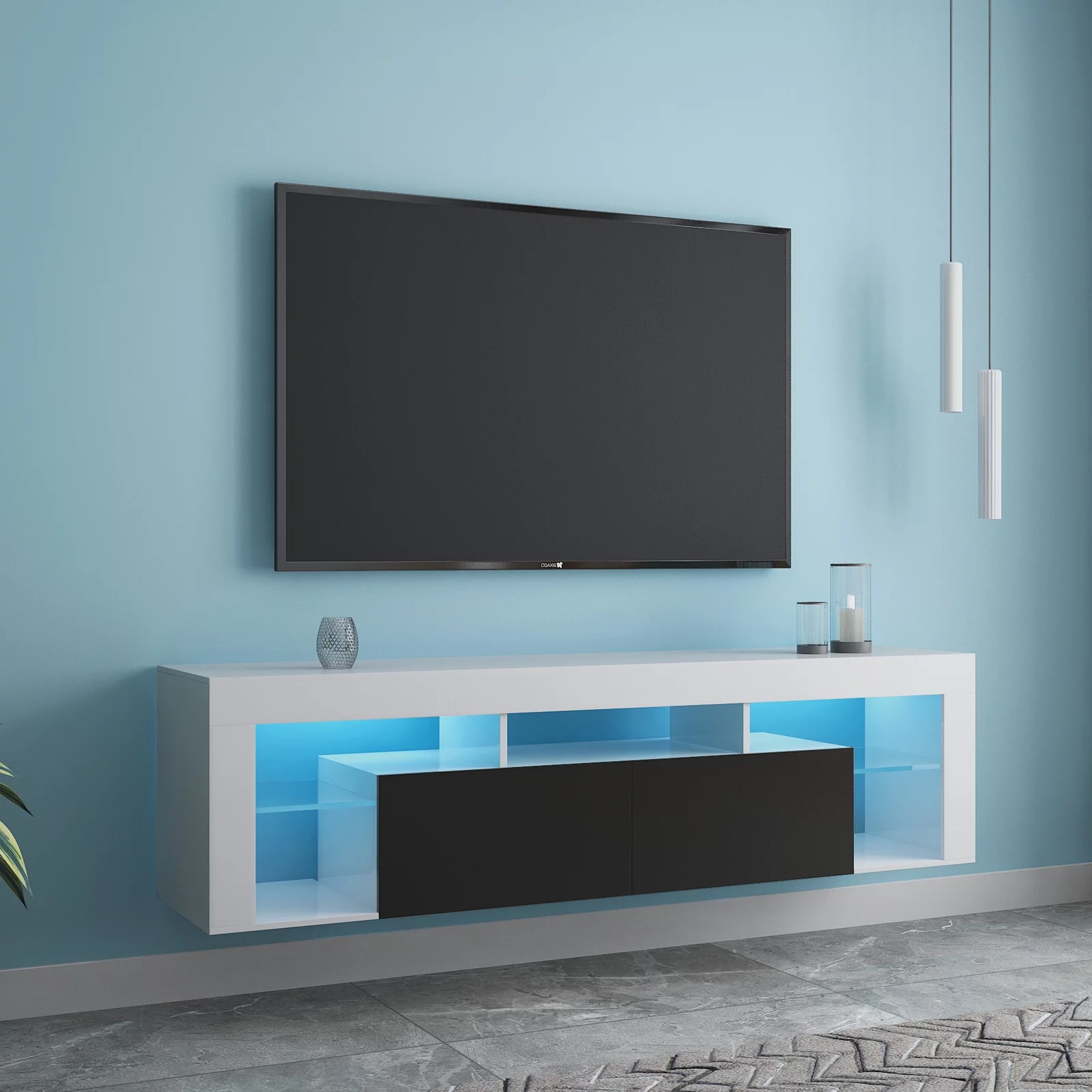 FURNITURE & TV Stand 160 LED Wall Mounted Floating 63" TV Stand (White/Black)