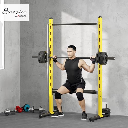 Soozier Squat Rack with Pull-Up Bar, Adjustable Power Rack with Barbell Bar, Multi-Functional Bench Press Rack for Home Gym Strength Training