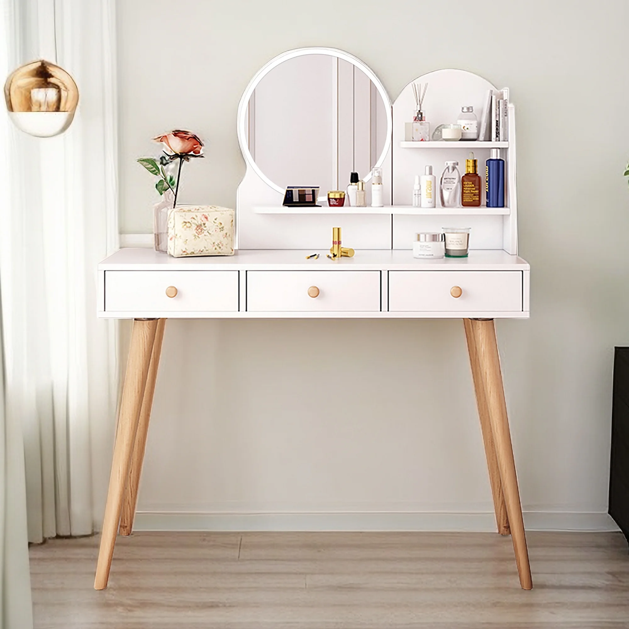 HSUNNS Vanity Desk with Lighted Mirror, 3 Drawers Makeup Dressing Desk with Storage Shelves