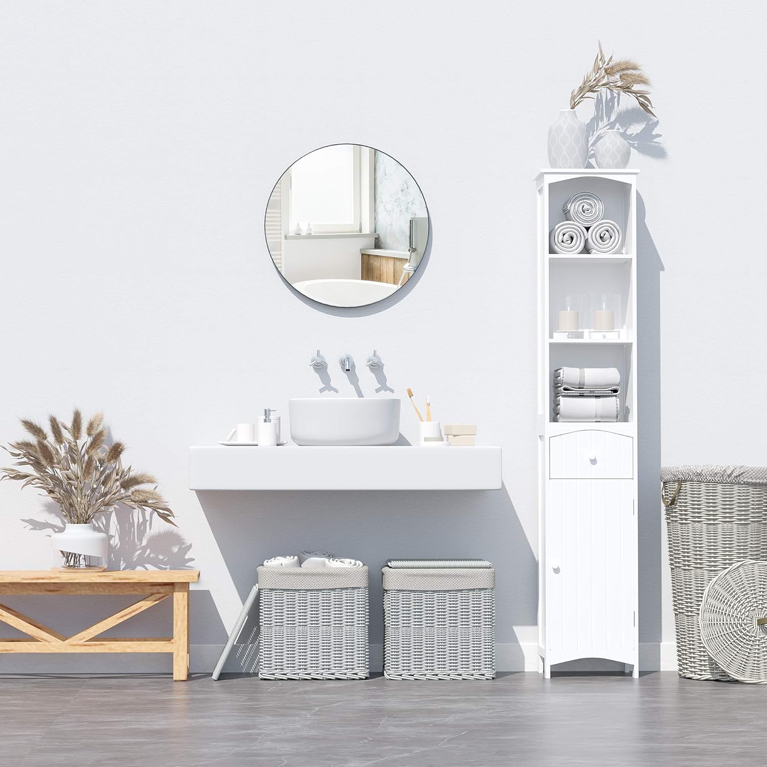 HOMCOM 67 Tall Bathroom Storage Cabinet, Freestanding Linen Tower with 3-Tier Shelf, Drawer and Cupboard, Narrow Side Floor Organizer, White