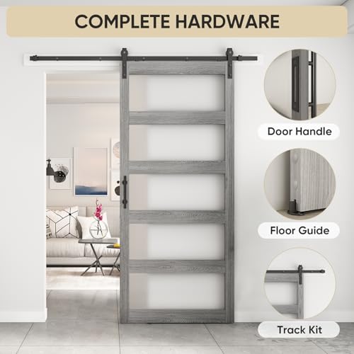 BARNSMITH 42in x 84in Glass Barn Door with 7FT Sliding Door Hardware Kit Included & Handle