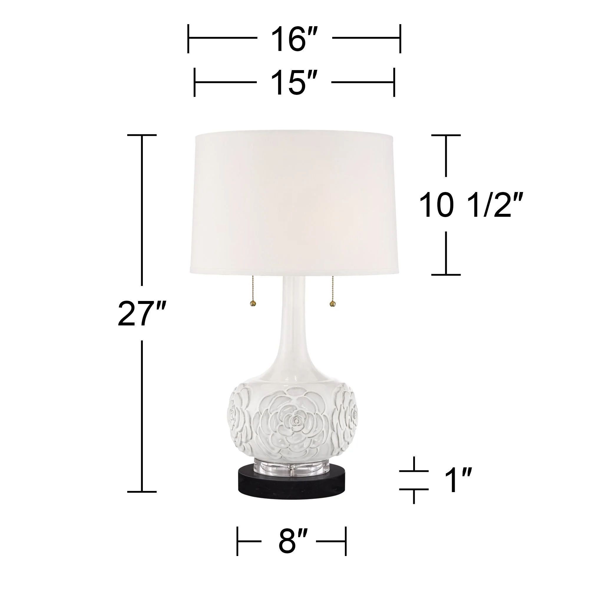 Possini Euro Design Natalia Country Cottage Table Lamp with Round Black Marble Riser 27" Tall White Floral Ceramic Drum Shade for Bedroom Living Room