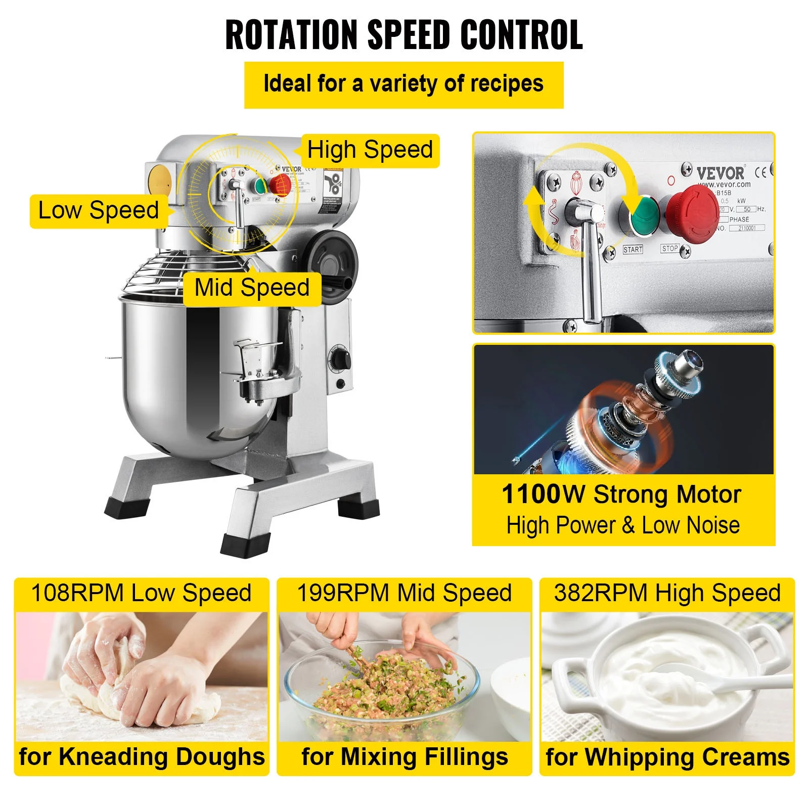 BENTISM Commercial Electric Food Mixer Stand Mixer 30Qt Dough Mixer 3 Speeds 1100W