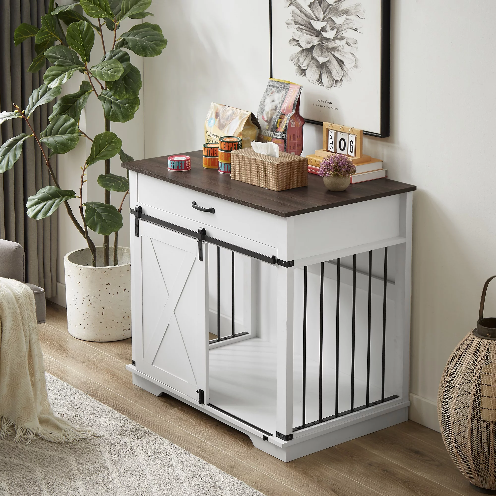 HUTWIFE Wooden Dog Crate with Sliding Barn Door, Wooden Pet Crate End Table, Dog Cage for Medium Dogs, White - Radiant Selections
