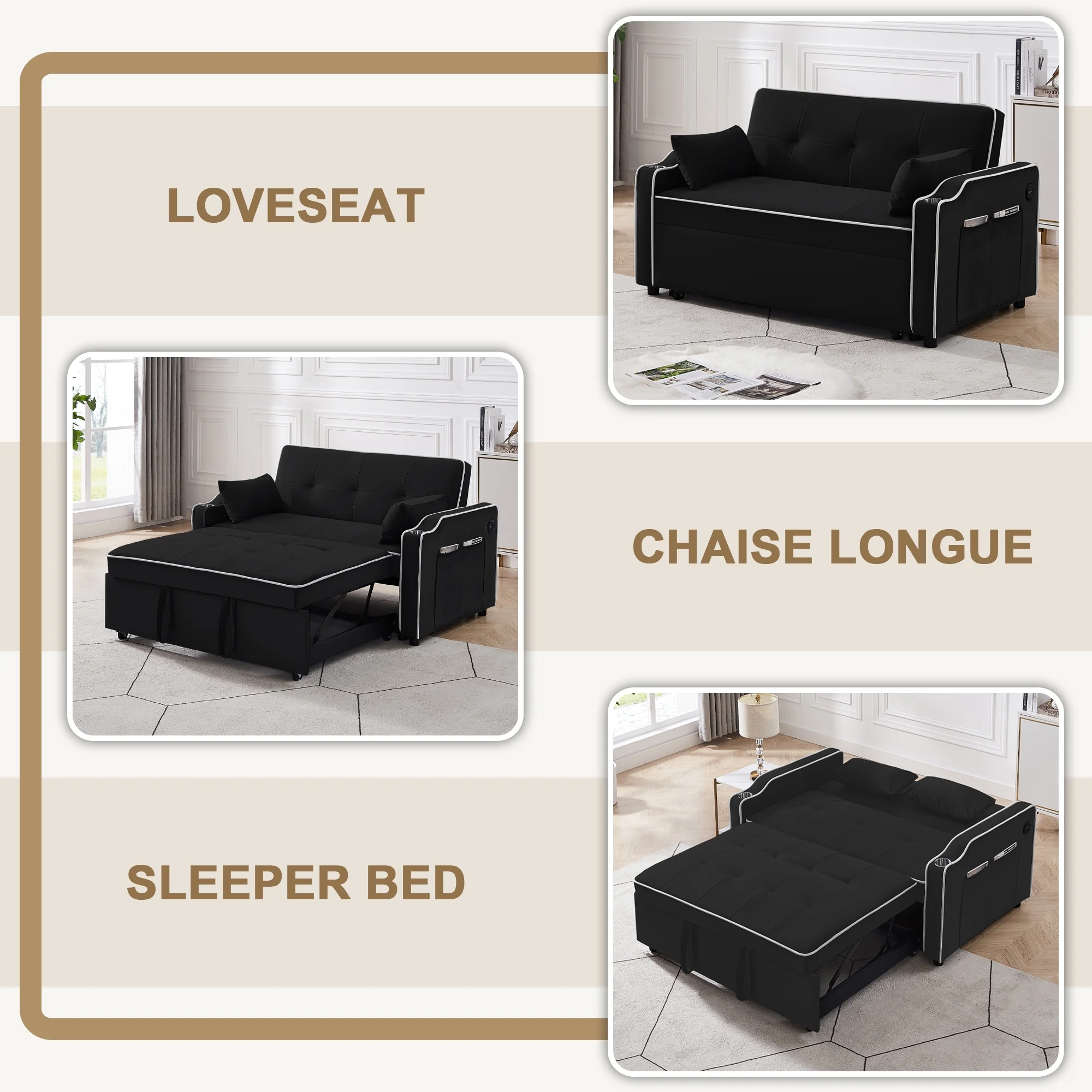 Momspeace Pull Out Loveseat Sleeper Sofa Bed with Cup Holders, Usb Ports and Side Pockets, Black - Radiant Selections