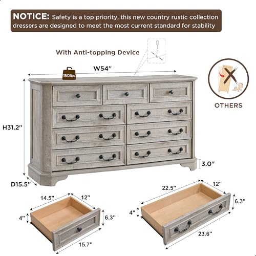 T4TREAM Farmhouse 5 Drawers Dresser for Bedroom, 48" Tall Wood Rustic Chest of Drawers with Natural Texture, Vintage Design