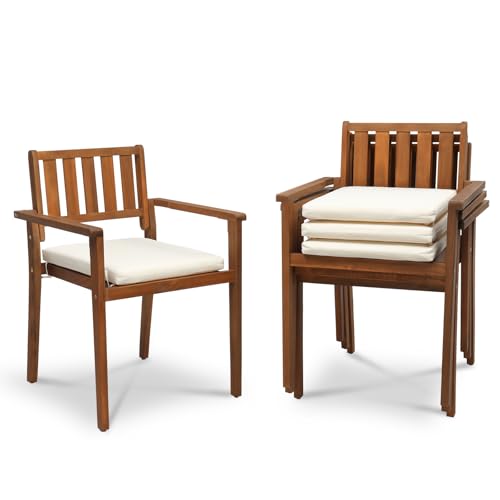 Outvita Stackable Patio Dining Chairs Set of 4, Durable Acacia Wood Outdoor Chairs with Removeable Cushions and Comfortable Armrests for Porch