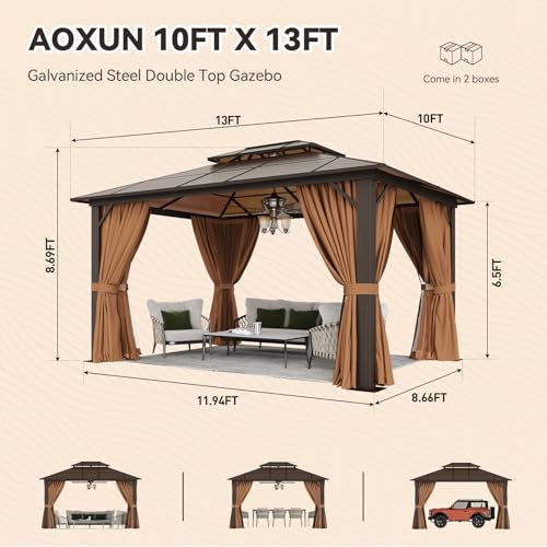 Aoxun 12'x16' Hardtop Gazebo, Aluminum Frame Permanent Pavilion with Netting and Curtains, Outdoor Polycarbonate Double Roof Canopy