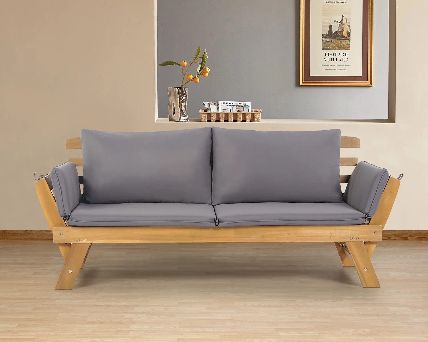 FDW Outdoor Couch Patio Couch Daybed with Adjustable Armrest, Wooden Loveseat with Cushion and Pillow, and Expandable Plate （Gray）