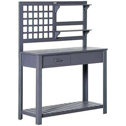 Outsunny Potting Bench Table, Garden Work Bench, Outdoor Wooden Workstation with Tiers of Shelves and Drawer for Patio, Courtyards, Balcony, Brown