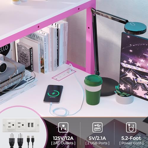 DICTAC Loft Bed Full Size with L-Shaped Desk and Charging Station Full Metal Bed Frame with LED Lights,Open Shelves and 3 Fabric Storage Drawers
