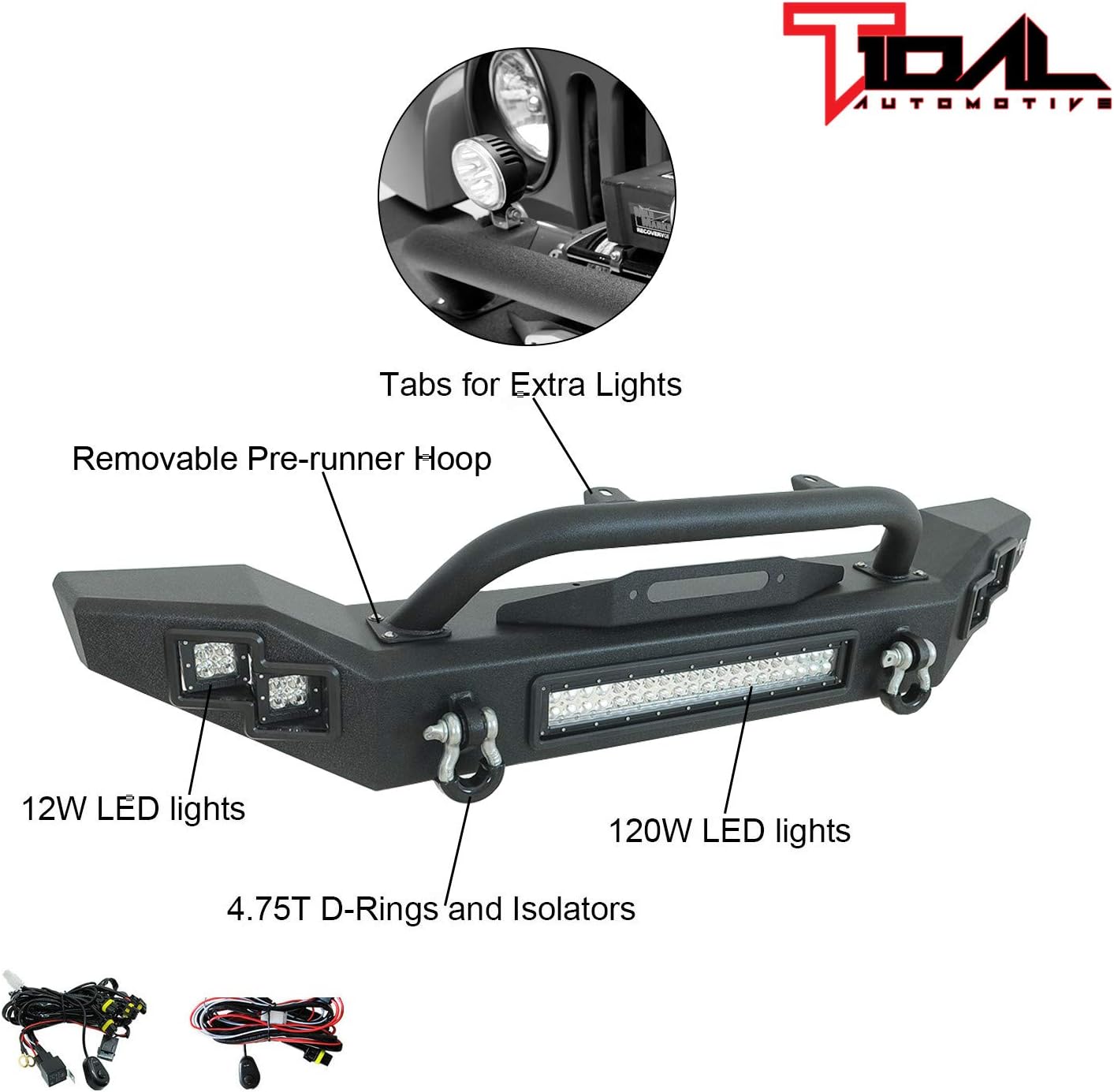 Tidal LED Front Bumper with Winch Plate Offroad Fit for 07-18 Wrangler JK