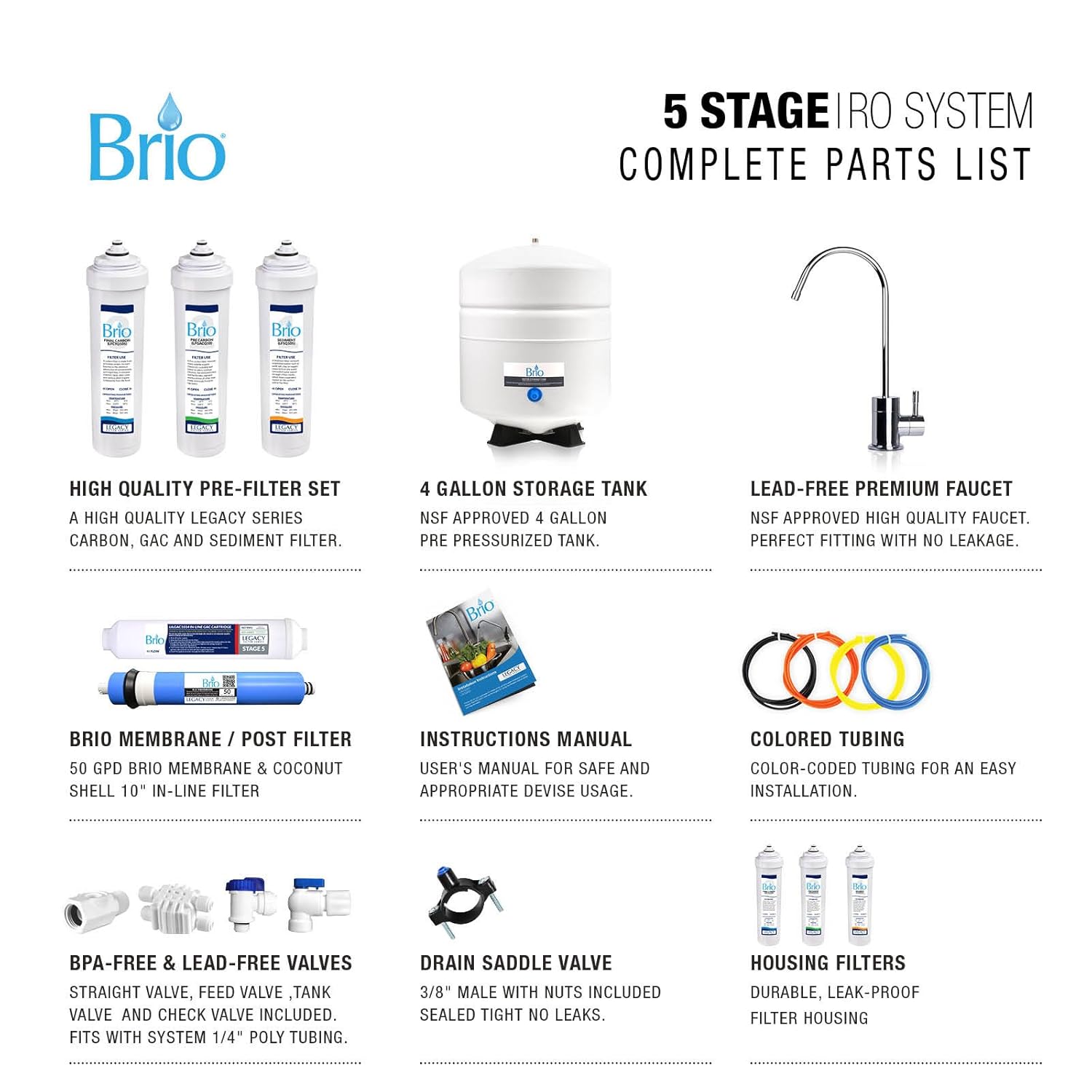 Brio High Capacity Under Sink 5-Stage Reverse Osmosis Drinking Water Filtration System and Ultimate Water Softener - LROQ500