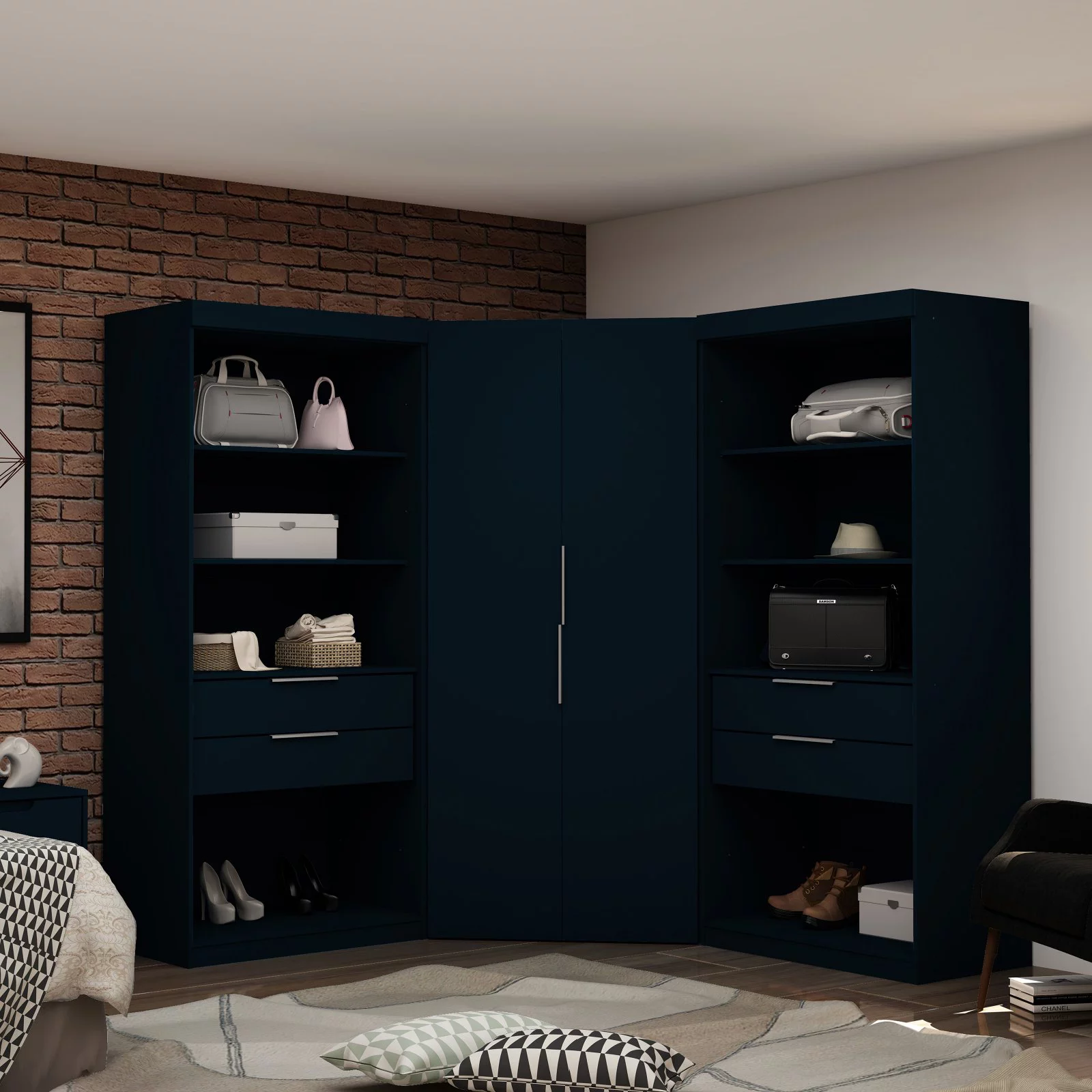 Manhattan Comfort Mulberry 2.0 Semi Open 3 Sectional Modern Wardrobe Corner Closet with 4 Drawers - Set of 3 in White