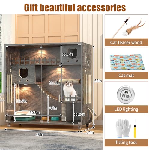 Enclosed Cat Condo, Large Space Cat Cage with Scratching Post, Wooden Indoor/Outdoor Cat Enclosure, Multi-Feature Cat Houses Ventilation Glass Doors
