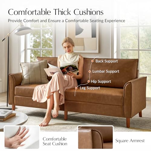 HULALA HOME 78" Faux Leather Sofa with Solid Wood Legs, Mid-Century Modern PVC Leather Couch, Comfy Upholstered 3-Seater Sofa for Living Room Bedroom