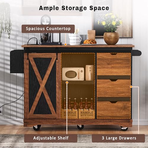 Farmhouse Kitchen Island with Power Outlet, Drop Leaf, Spice Rack and Drawer,Rolling Kitchen Cart on Wheels