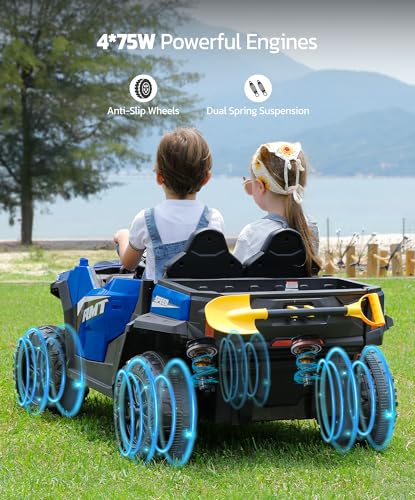 ELEMARA 24V Ride on Toy for Big Kid,Ride on Car 2 Seater w/Sun Shade,Dump Bed & Shovel,4.5MPH,4WD Electric Car for Kids,Battery Car w/Remote