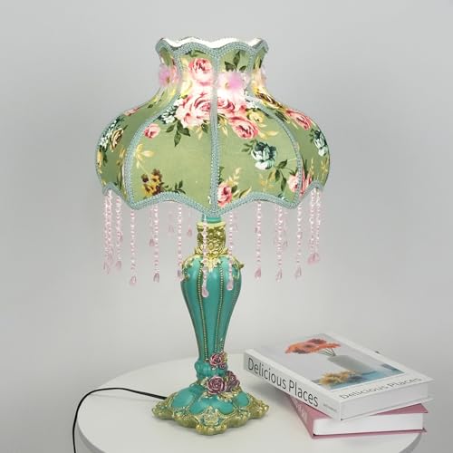 Lovely Table Lamp with Fabric Lampshade, Antique Flower Decorative Bedside Desk Lamp, Handmade Night Light for Bedroom Nightstand