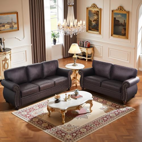 Mid-Century Vintage Sofa Couches with Rivet Design,3-Seater Sofa,Removable Sofa Cover Upholstered Cushions and Solid Wood Frame (Brown, 3-Seater)