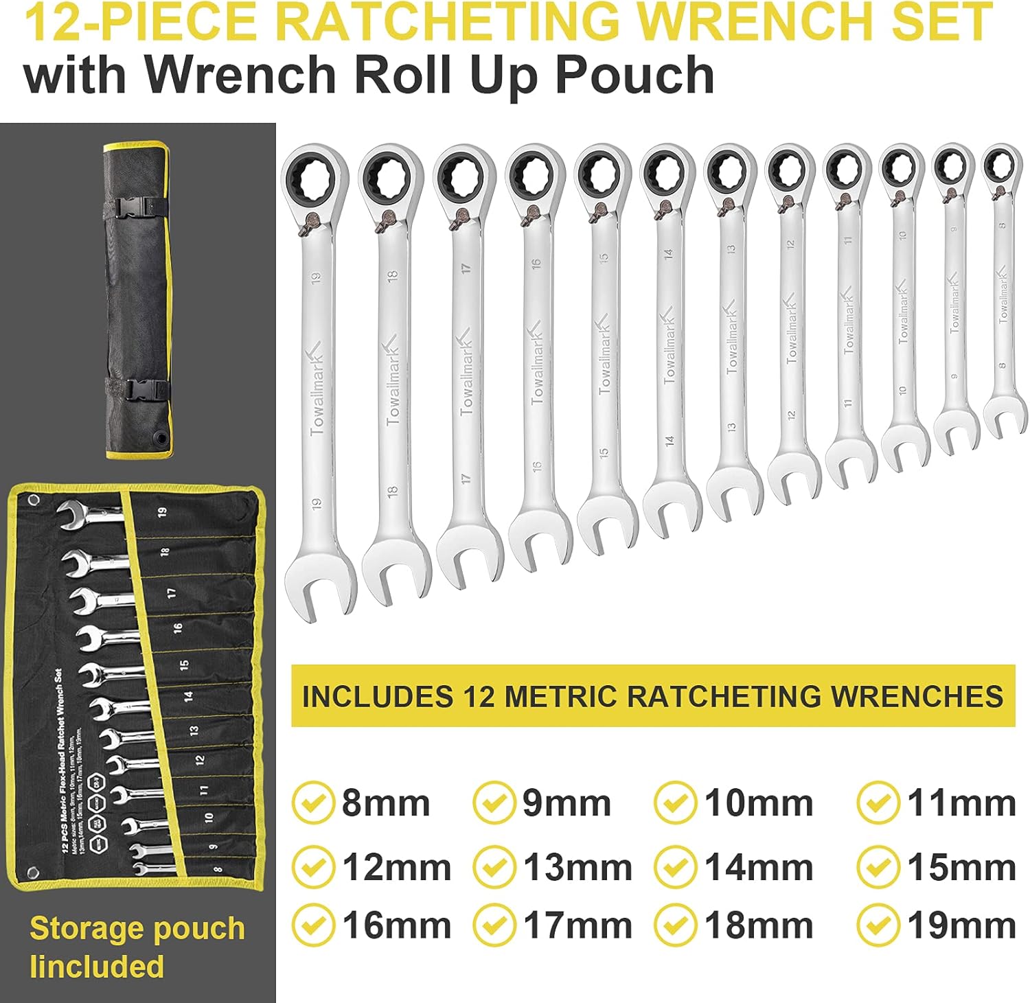 Towallmark 12-Piece Reversible Ratchet Combination Wrench Set, Metric,8mm-19mm Chrome Vanadium Steel Ratchet Wrenches