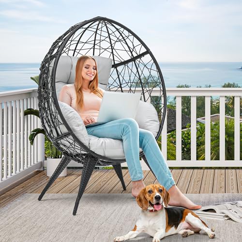 YITAHOME Large Wicker Egg Chair with Stand for Indoor and Outdoor, Cushion, and Adjustable Leveling Feet, Large Lounger for Garden, Patio, Balcony