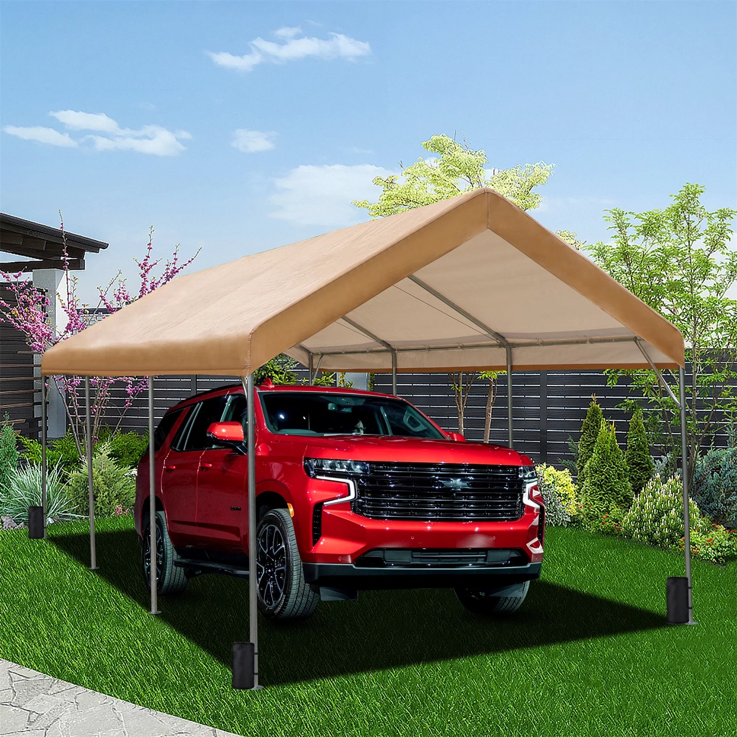 MF Studio 10' X 20’ Carport Heavy Duty Car Canopy Galvanized Car Boat Shelter with 8 Legs Beige