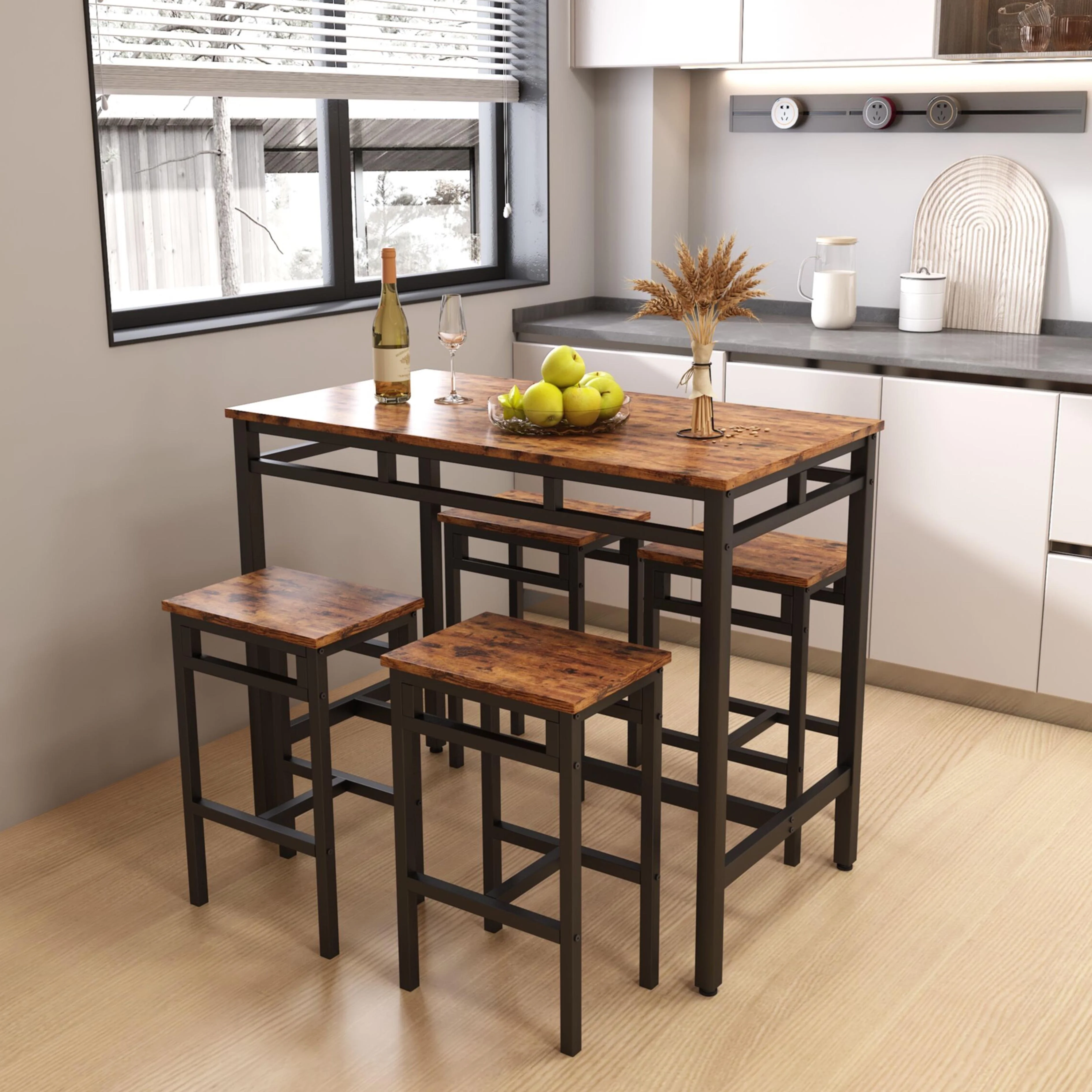 Counter Height Dining Table Set for 4, Metal Rectangle Bistro Pub Set with MDF Top, Rustic Brown Kitchen Bar Table Set