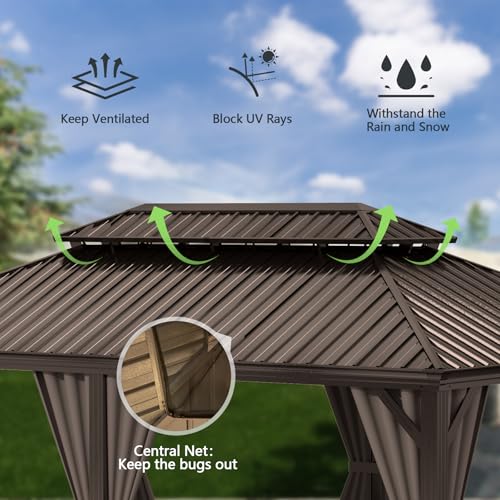 Domi 10’ x 10’ Hardtop Gazebo Metal Frame Canopy with Netting & Curtains