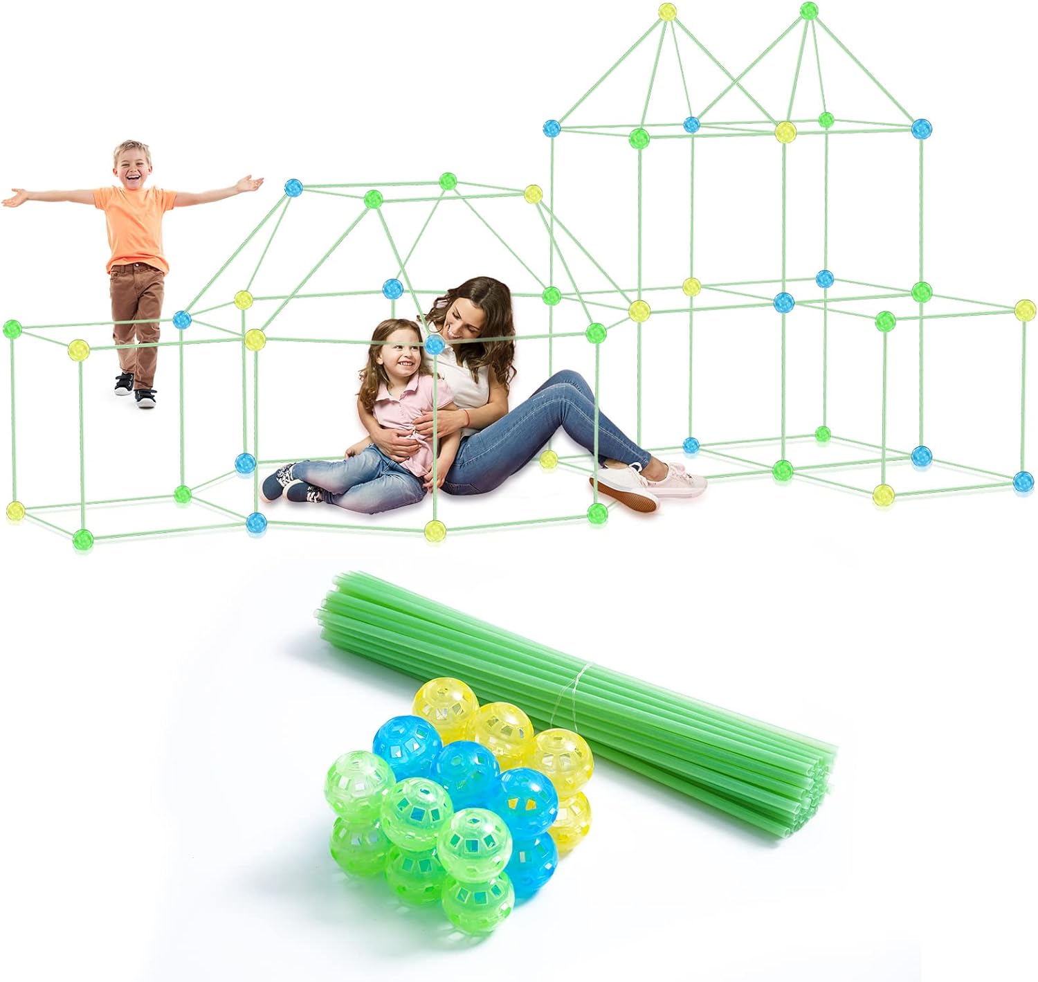 150Pcs Glow Fort Building Kits, Indoor and Outdoor Toys for 3 4 5 6 7 Years Old Boys and Girls, DIY Building Tents for Kids