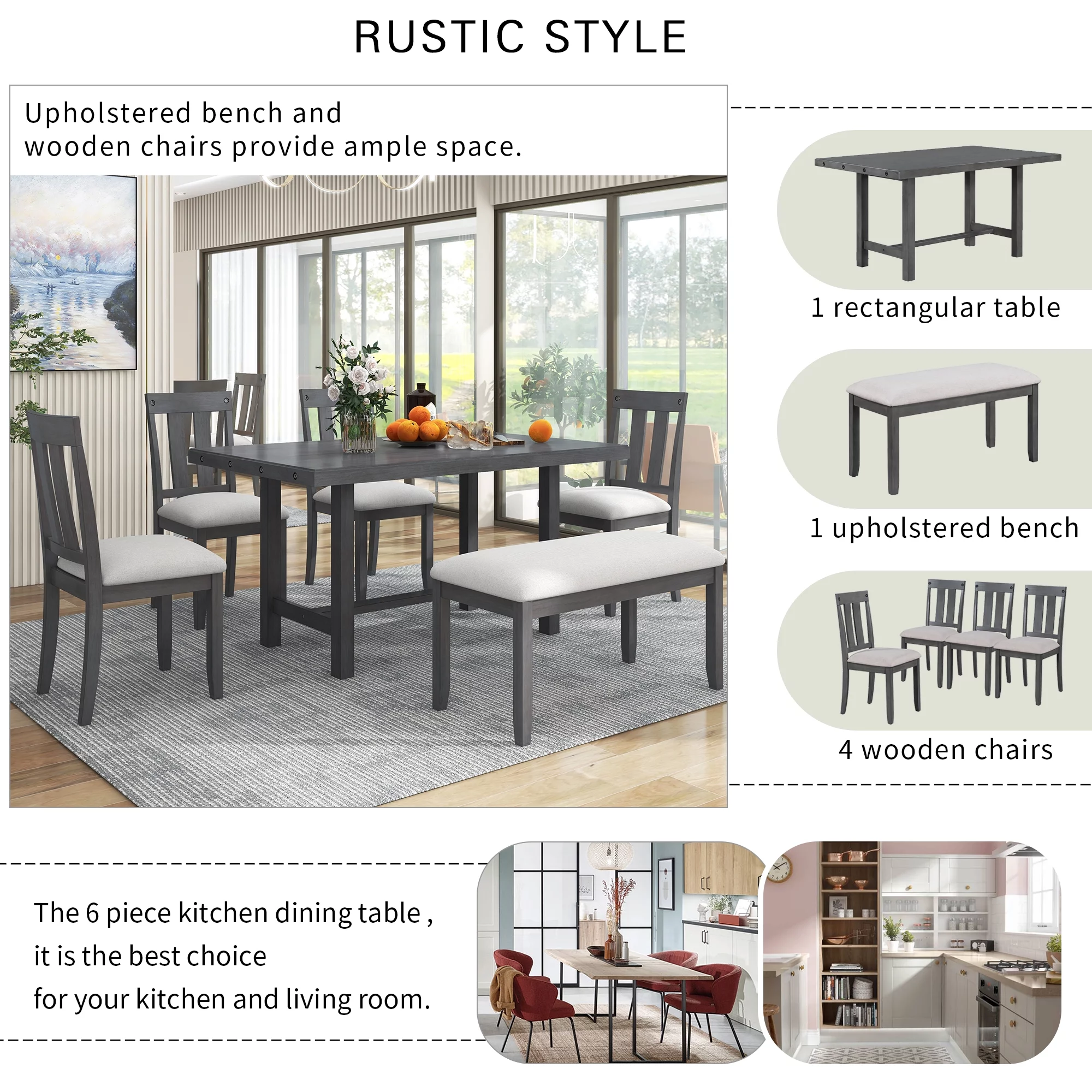 Churanty Rustic Farmhouse Dining Table Set for 7 Wooden Rectangular Table and 4 Upholstered Chairs & Bench for Dining Room,Gray