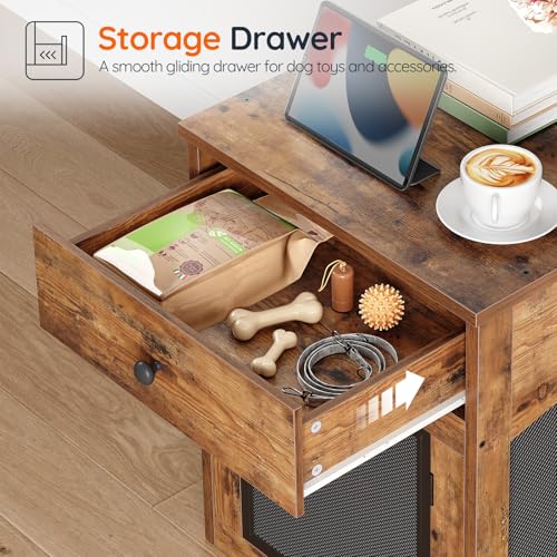 HOOBRO Dog Crate Furniture, Dog Kennel with Drawer and Charging Station, Indoor Decorative Puppy House, Wooden Pet Crate End Table for Small Dogs
