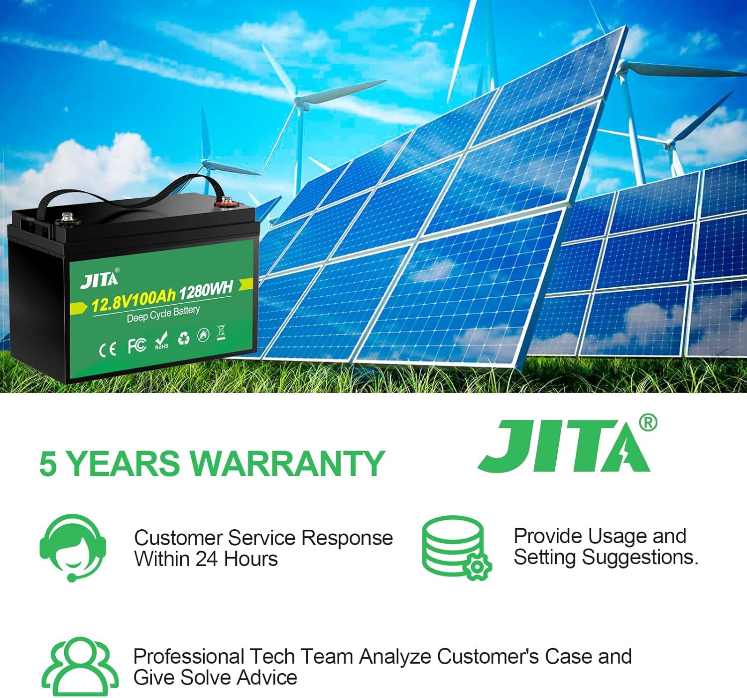 JITA 12V 100Ah LiFePO4 Lithium Battery RV Deep Cycle Battery, Built-in 100A BMS, 10 Year Life, 1280W Power Output for RV, Solar Power System, Marine