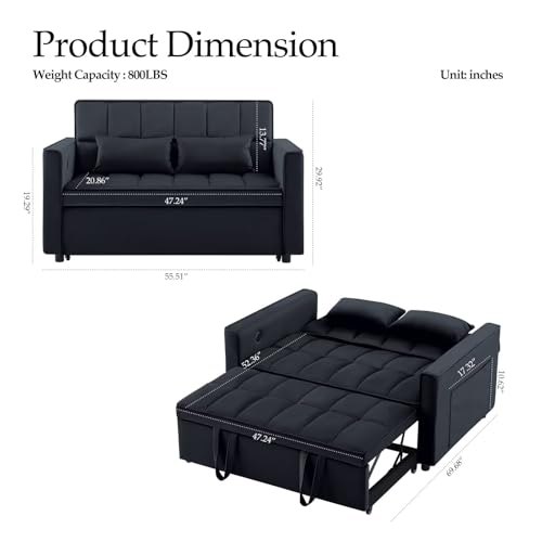 Modern 3 in 1 Convertible Sleeper Sofa Couch Bed with USB, Adjustable Backrest Velvet Pull Out Sofa Bed, Loveseat Sleeper Couch