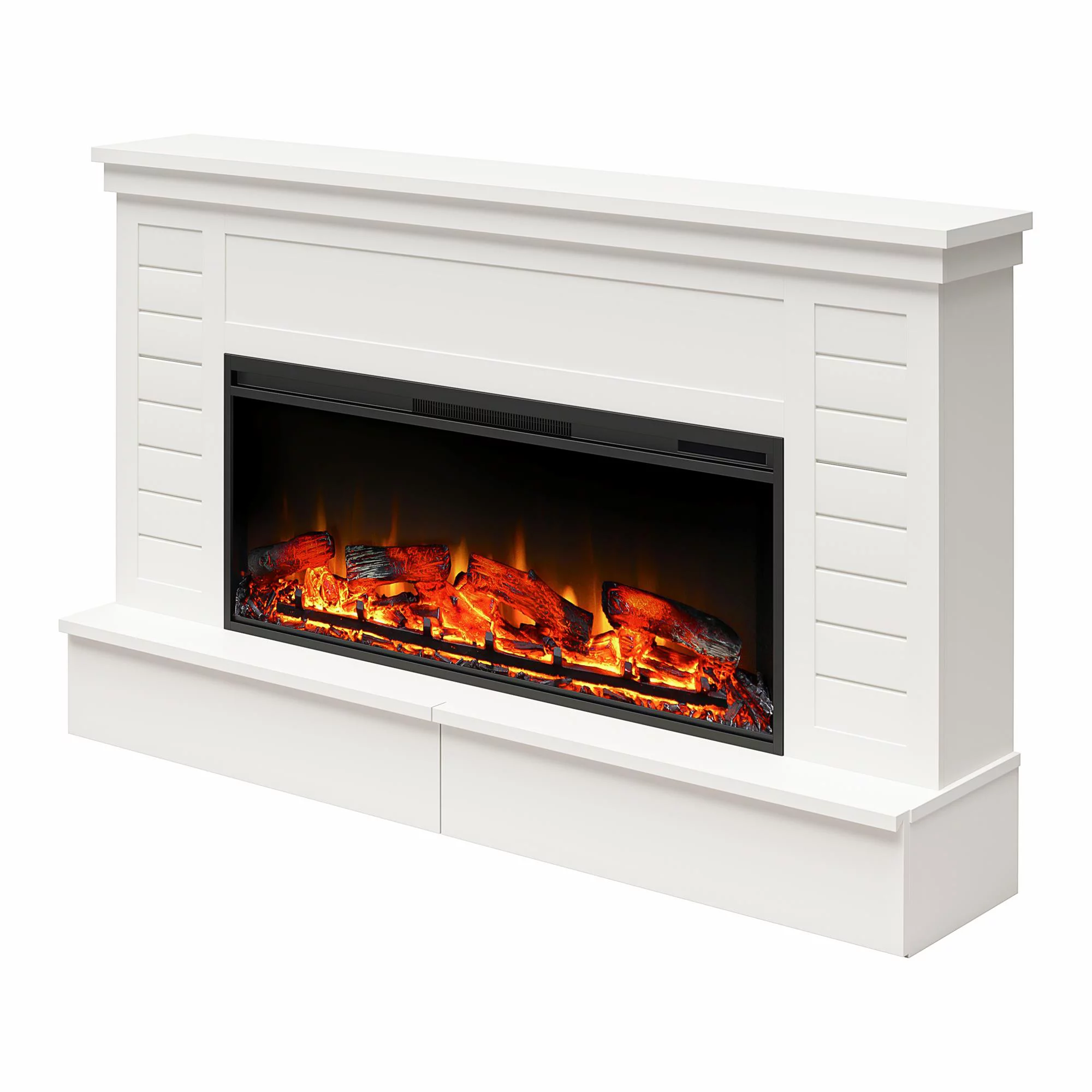 Ameriwood Home Heritage Place Wide Shiplap Mantel with Linear Electric Fireplace and Storage Drawers, White
