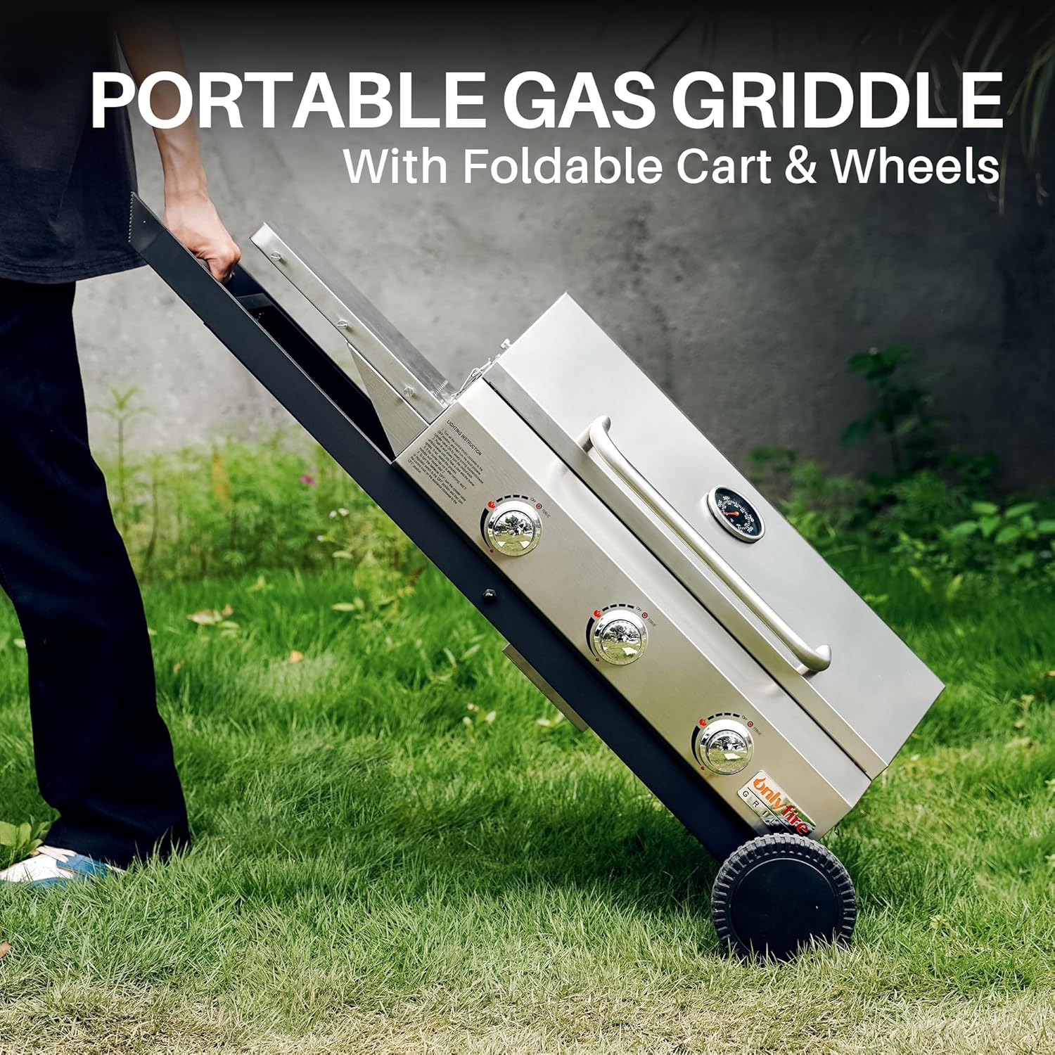 Onlyfire 3 Burner Gas Grill Trolley BBQ Gas Grill with Grill Grate 7 kW Grill Surface 56.5 x 34 cm with Side Tables, Foldable Trolley Wheels