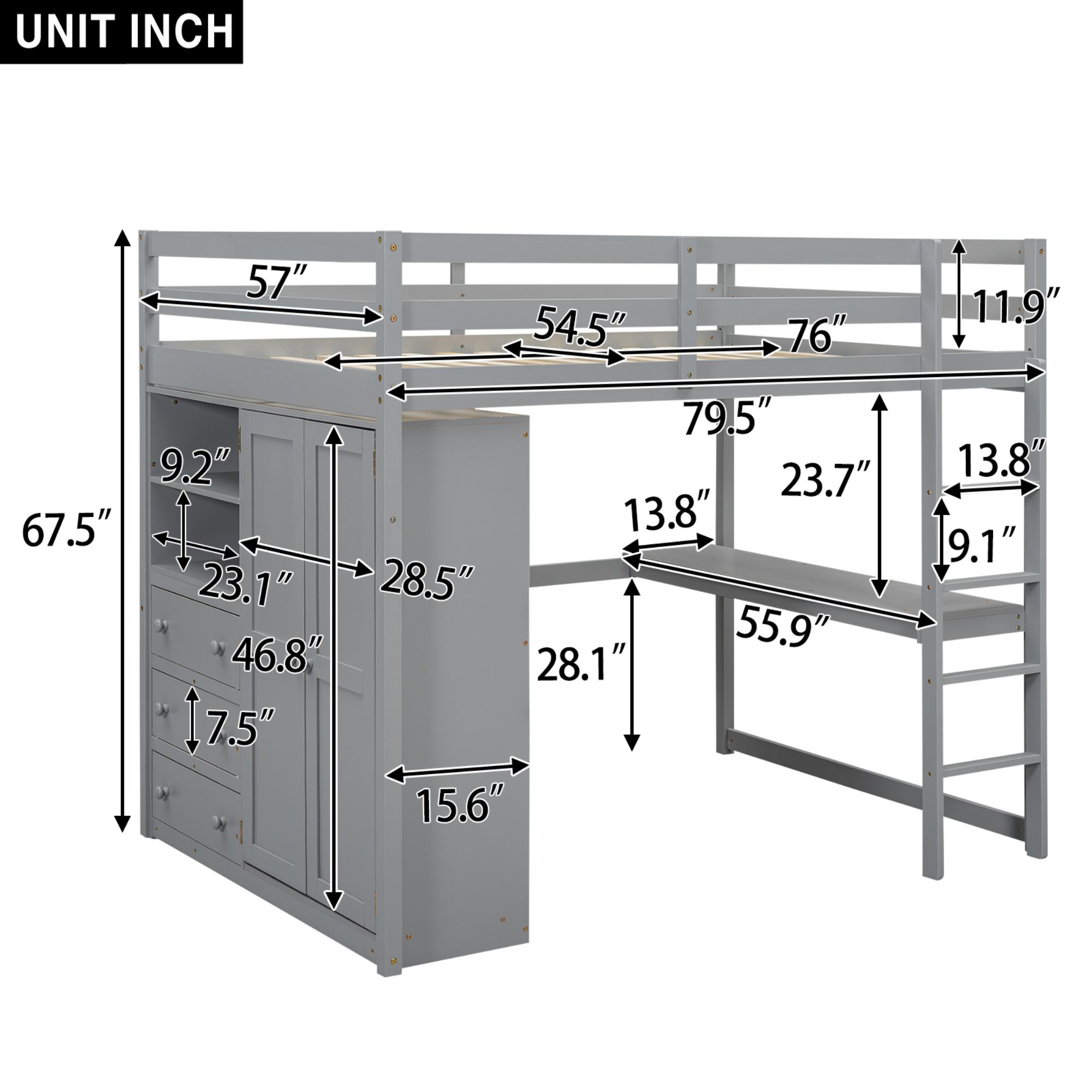 Full Size Loft Bed with Built-in Wardrobe, Desk, Storage Shelves and Drawers, Wooden Loft Beds Frame with Large Space