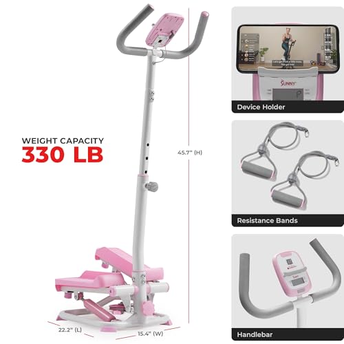 Sunny Health & Fitness Total Body 2-in-1 Smart Stepper Machine for Home with Handlebar and Resistance Bands, Total Body Workout, Adjustable Hydraulic