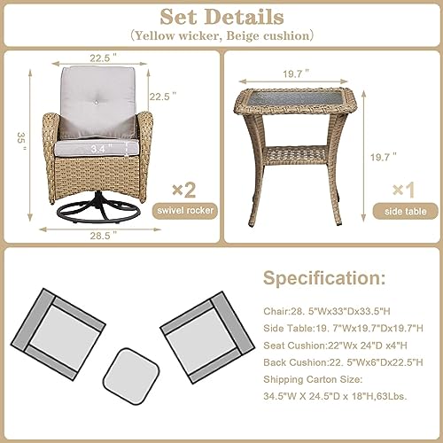 Patio Wicker Chairs Swivel Rocker - Outdoor Swivel Rocking Chairs Set of 2 with Rattan Side Table