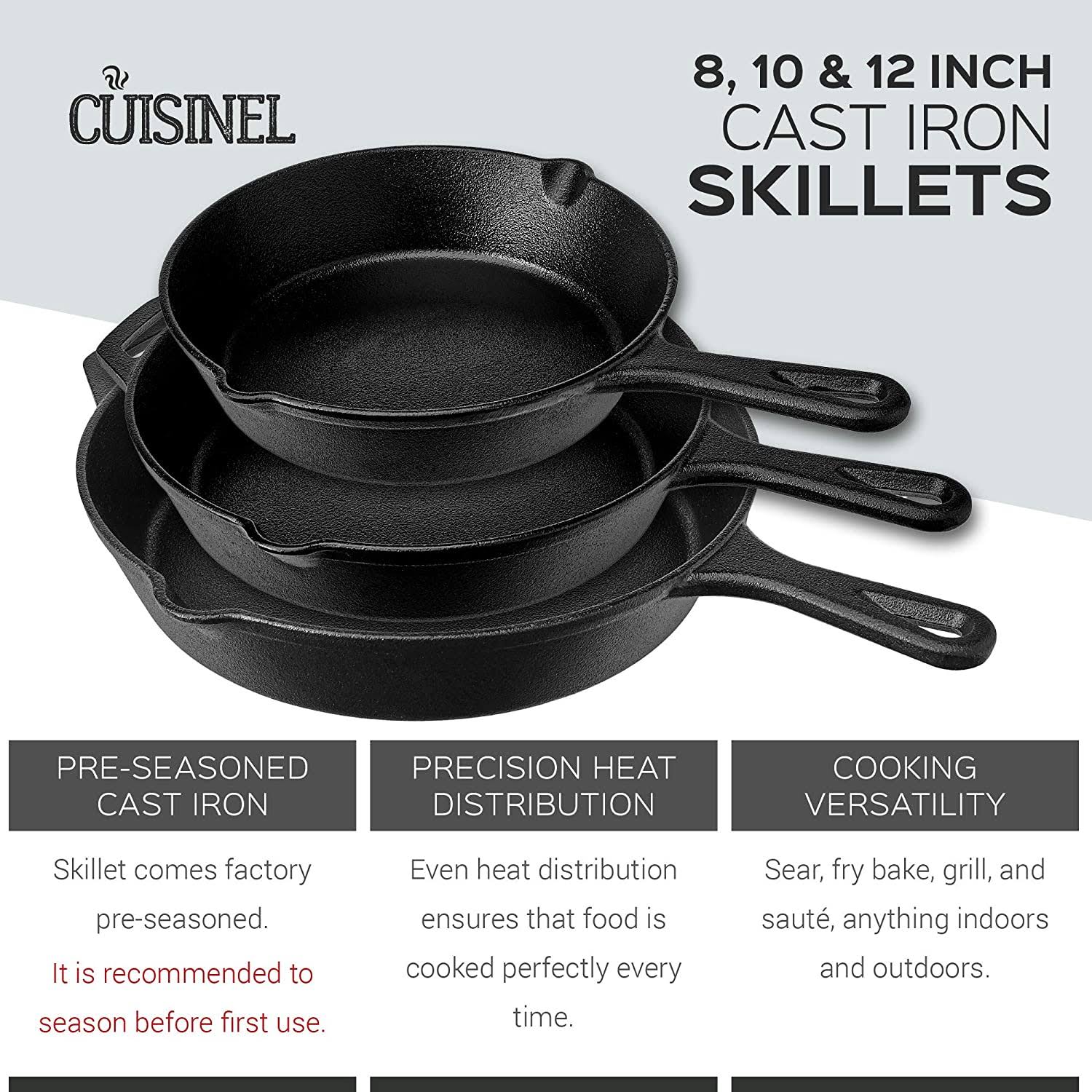 Pre-Seasoned Cast Iron Skillet 3-Piece Chef Set 8-Inch 10-Inch 12-Inch Oven Safe