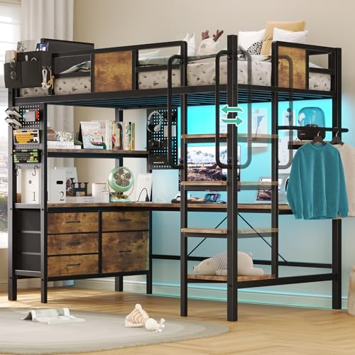 Loft Bed Twin Size, Twin Loft Bed with Desk, Metal Bunk Bed with Desk Underneath and LED Lights & Charging Station, L-Shaped Desk and Storage