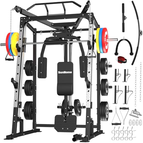 SunHome Smith Machine, 2000LBS Power Cage Squat Rack with Smith Bar, Two LAT Pull-Down Systems