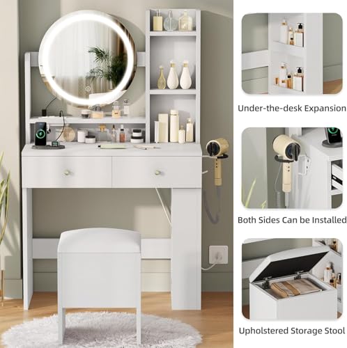 DWVO Vanity Desk with Mirror and Lights, Makeup Vanity Table Set with Power Outlets and Chair, 3 Lighting Colors