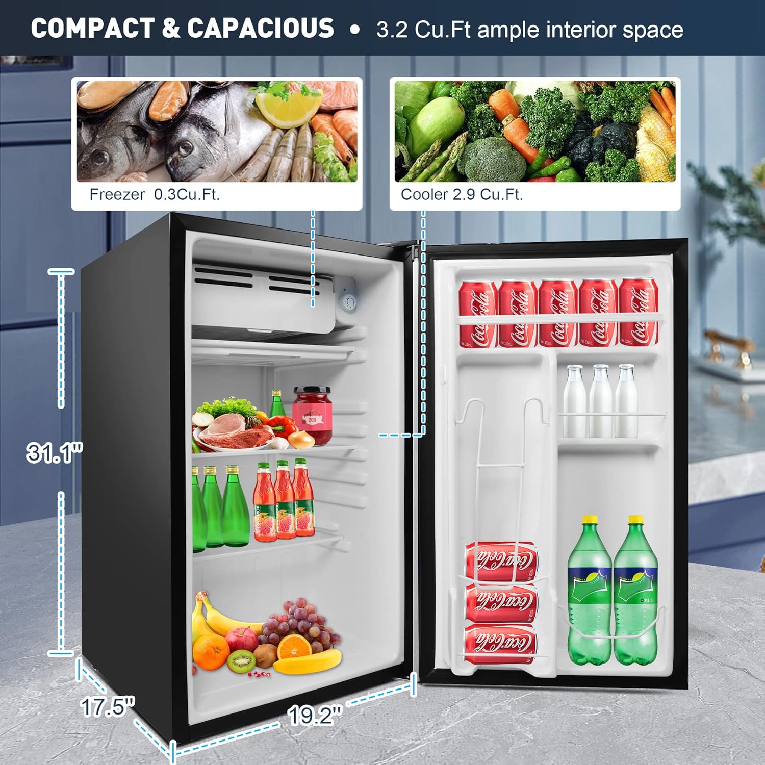 3.2 Cu.Ft. Mini Fridge with Freezer, Single Door Compact Refrigerator,Removable Glass Shelves, Reversible Door, Small Refrigerator for Apartment