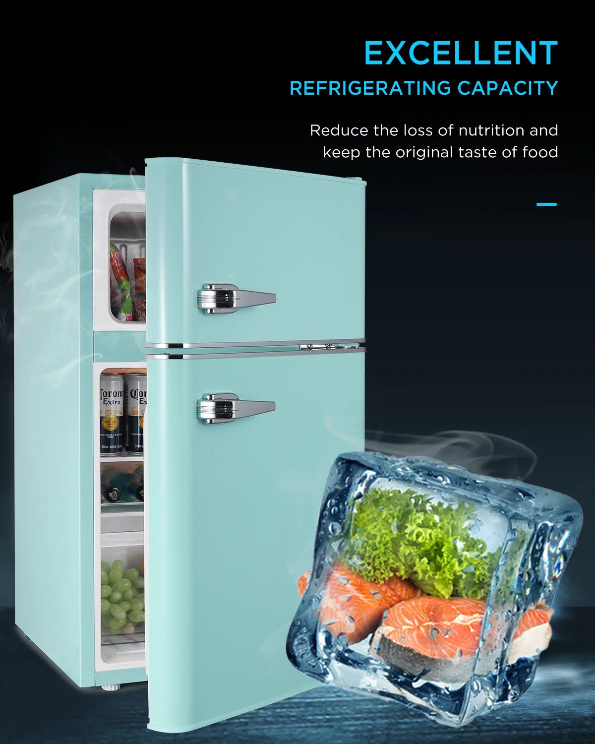 Northair 3.2 Cu ft Compact Mini Refrigerator Separate Freezer, Small Fridge Double 2-Door Adjustable Removable Retro Stainless Steel Shelves,Green
