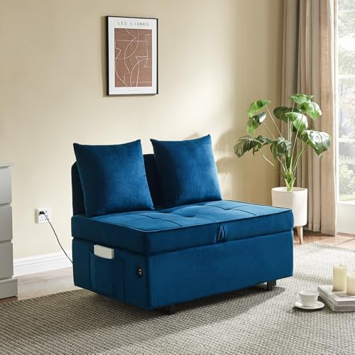 Sofa Bed 4-in-1 Convertible Pull Out Couch, Velvet Love seat Couch Sleeper Chair Bed with 2 Throw Pillow