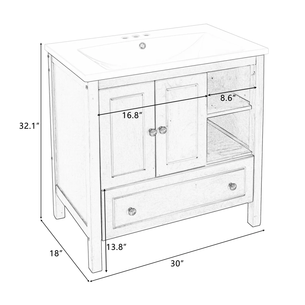 30" Bathroom Vanity with Sink, Bathroom Storage Cabinet with Doors and Drawers, Solid Wood Frame, Ceramic Sink, White