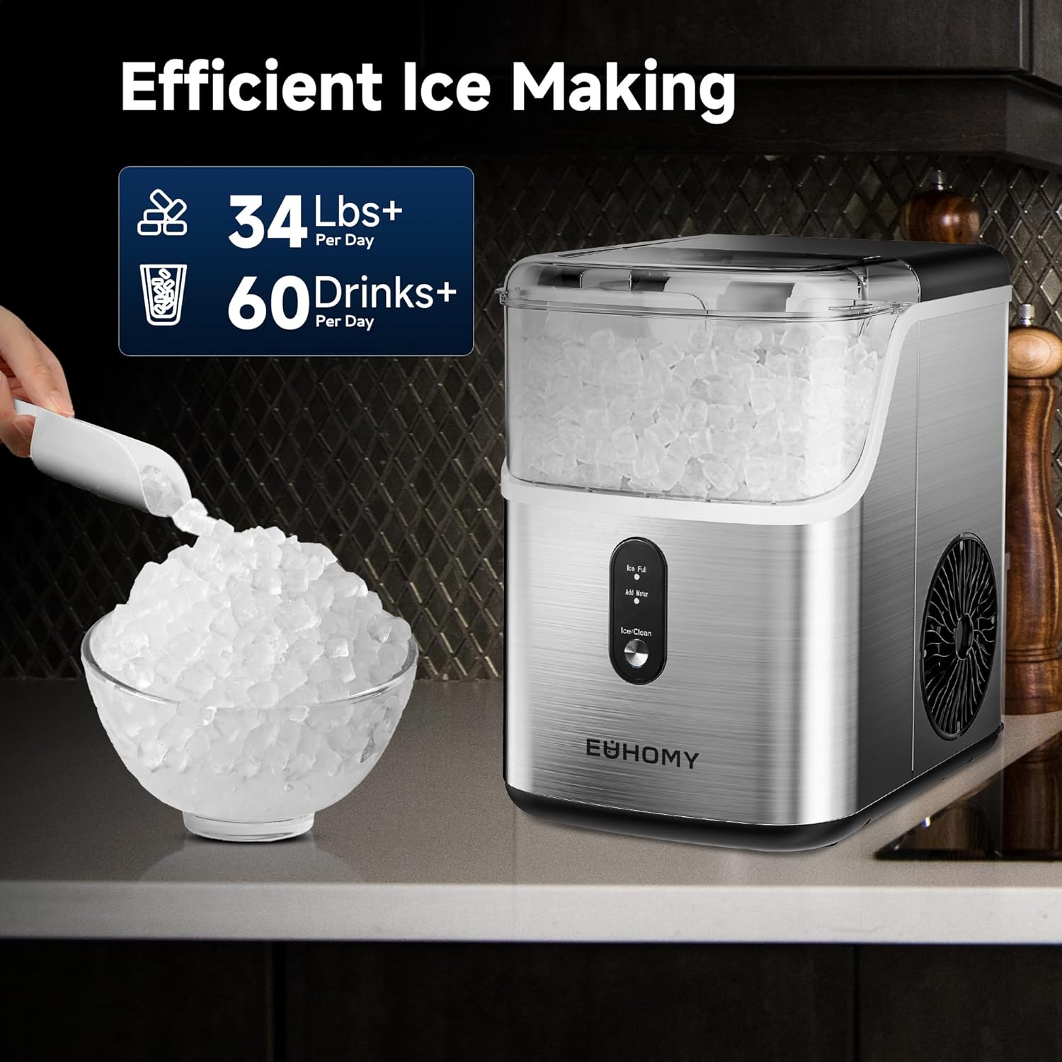 EUHOMY Nugget Ice Makers Countertop, Pebble Ice Maker Machine with 34lbs/24H Soft Ice, Self-Cleaning Sonic Ice Maker with Ice Scoop&Basket