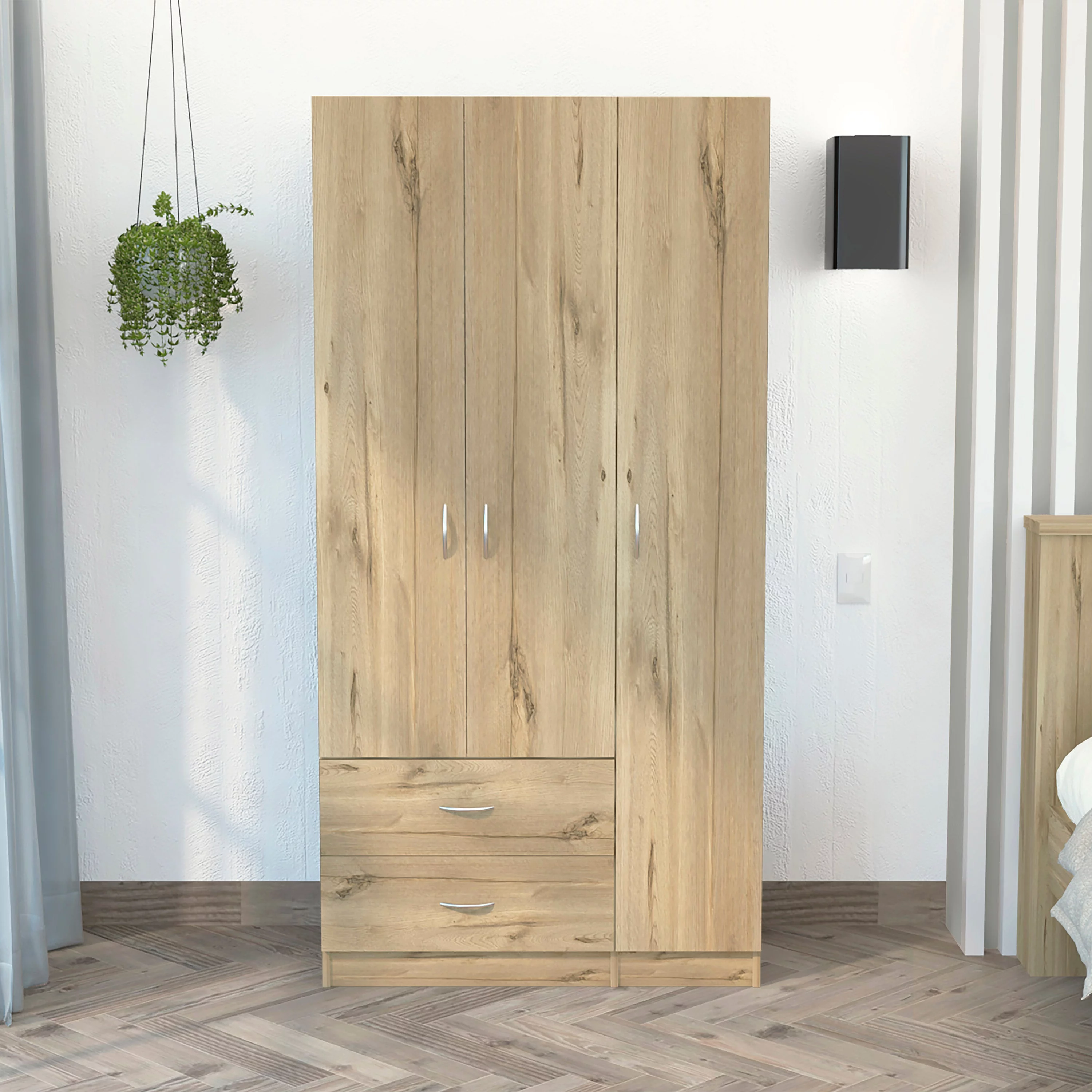 Boahaus Dortmund Modern Beige Bedroom Armoire, 3 Swing Opening Doors, Manufactured Wood